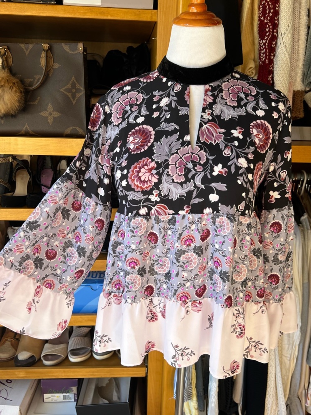 LOFT Floral Tiered Long-Sleeve Blouse with velvet neck band - Picture 2 of 11